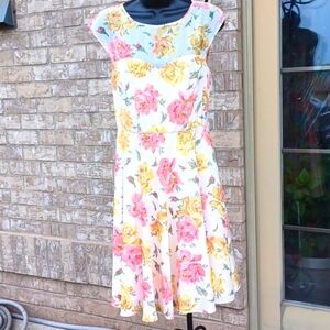 Betsey Johnson Dress Gorgeous Yellow/White/Pink Floral Sheer Size 4 Lined